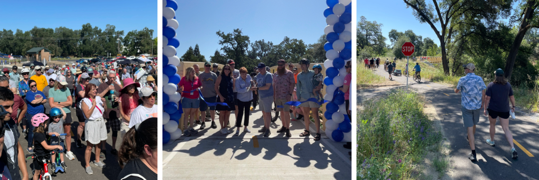 Collage of the Dry Creek Greenway East trail grand opening with a crowd of attendees, City representatives cutting a ribbon, and people walking and bicycling on the new trail.
